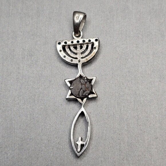 925 Sterling Silver Messianic‑Style Pendant 2" Star Menorah Fish Symbol 3.88g - Picture 4 of 9
